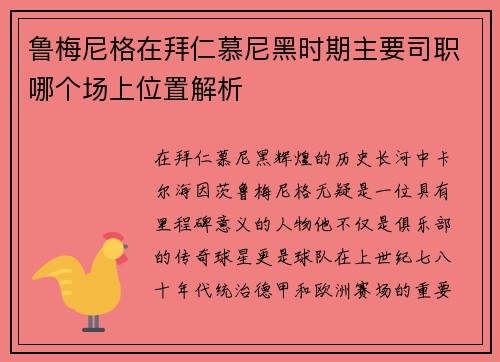 鲁梅尼格在拜仁慕尼黑时期主要司职哪个场上位置解析