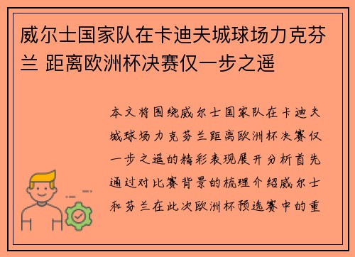 威尔士国家队在卡迪夫城球场力克芬兰 距离欧洲杯决赛仅一步之遥
